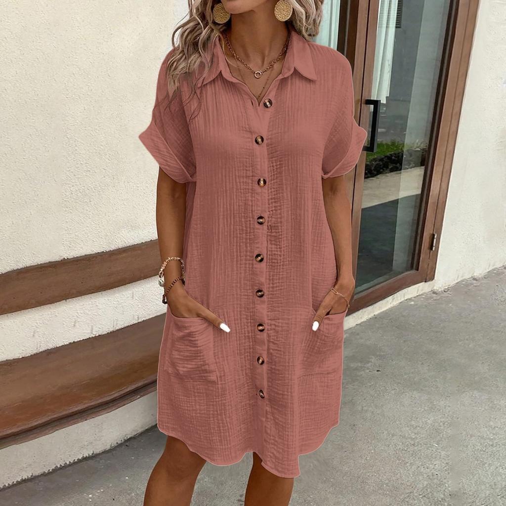Women'S Fashion Summer Minimalist V-Neck Button Up Dress Woman Cotton Linen White Short Sleeved Pocket Casual Loose Shirt Dress