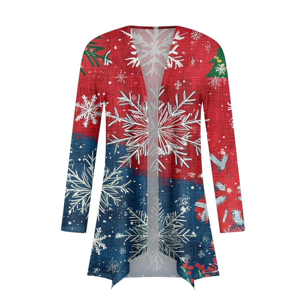 Women's Fashion Casual Christmas Print Medium Length Cardigan Jacket Coat