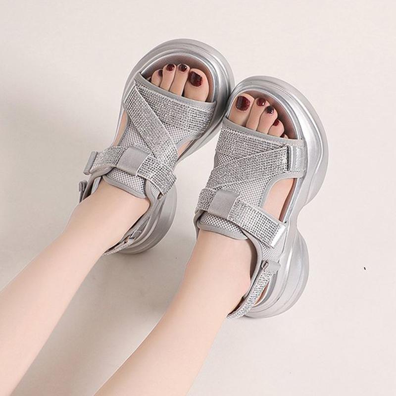 Летние повседневные сандалии со стразами на толстой подошве женские римские повседневные сандалии для улицы повышающие комфорт легкие спортивные сандалии на плоской подошве