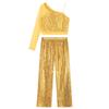 Girls Shiny Sequins Dance Costume Sheer Mesh Long Sleeve One Shoulder Crop Top High Waist Wide Leg Pants