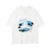 Summer Pure Cotton Canvas Boat Landscape Print Round Neck Short Sleeved Loose High Street T-shirt for Both Men and Women