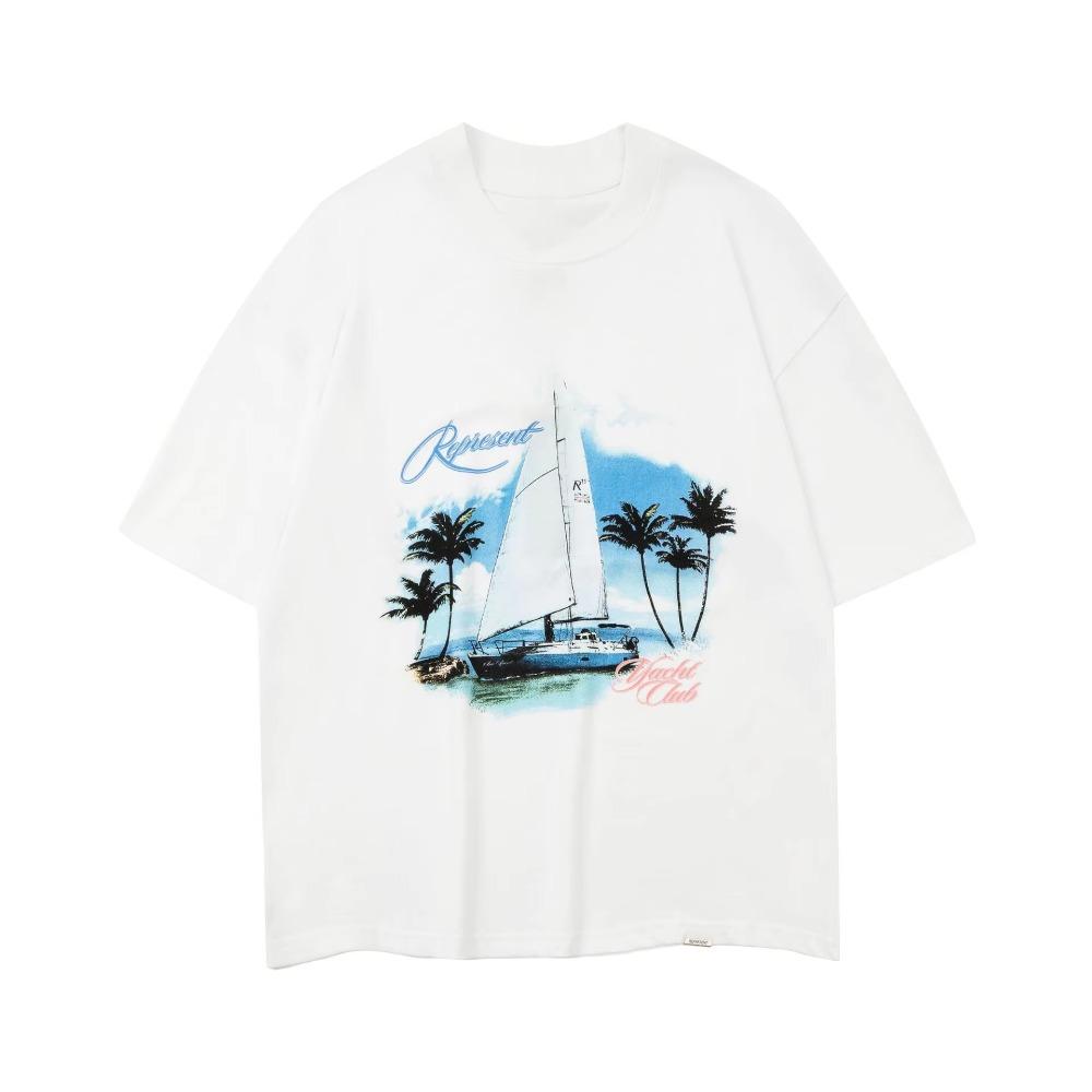 Summer Pure Cotton Canvas Boat Landscape Print Round Neck Short Sleeved Loose High Street T-shirt for Both Men and Women