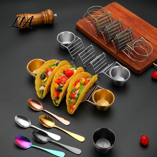 Металлическая стойка для тортилий, держатель для тако с мисками для соуса, набор из 201 нержавеющей стали, волнистый дизайн, прочный, 2 блюдца для закусок и ложка, можно мыть в посудомоечной машине