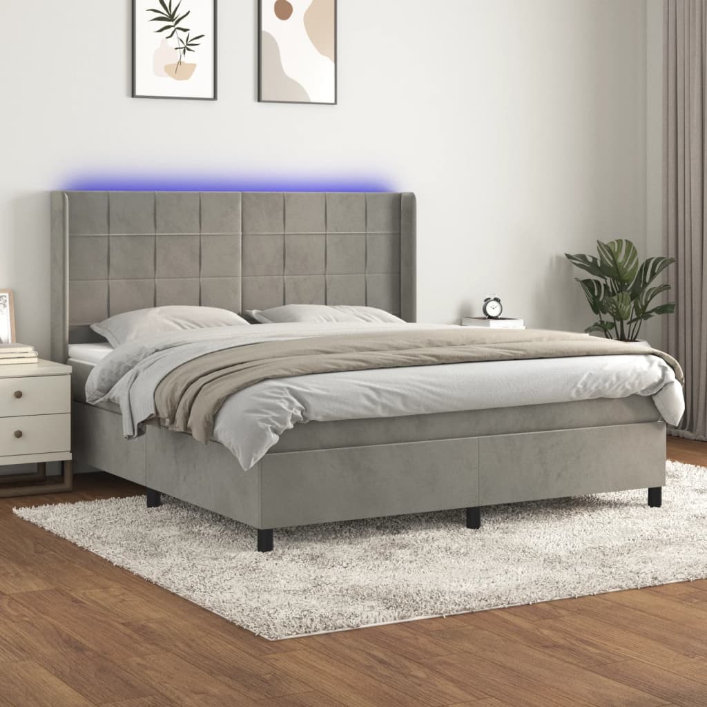 Box Spring Bed with Mattress & LED Lights Light Grey 180x200 cm Velvet