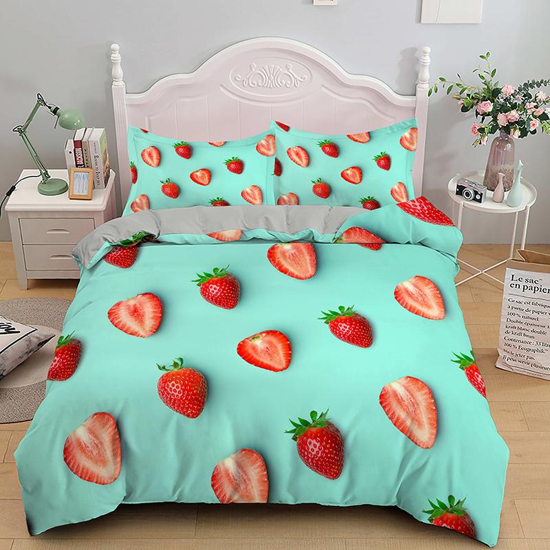 Pink Strawberry Cute Bedding Set Duvet Cover Set 3D Print Fruit Pattern Quilt Cover Pillowcase King Queen Size For Kids Boy Girl