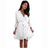 Spring Summer European American Style Hollow Out V-neck Long Sleeve High Waist Elegant Commute White Dress