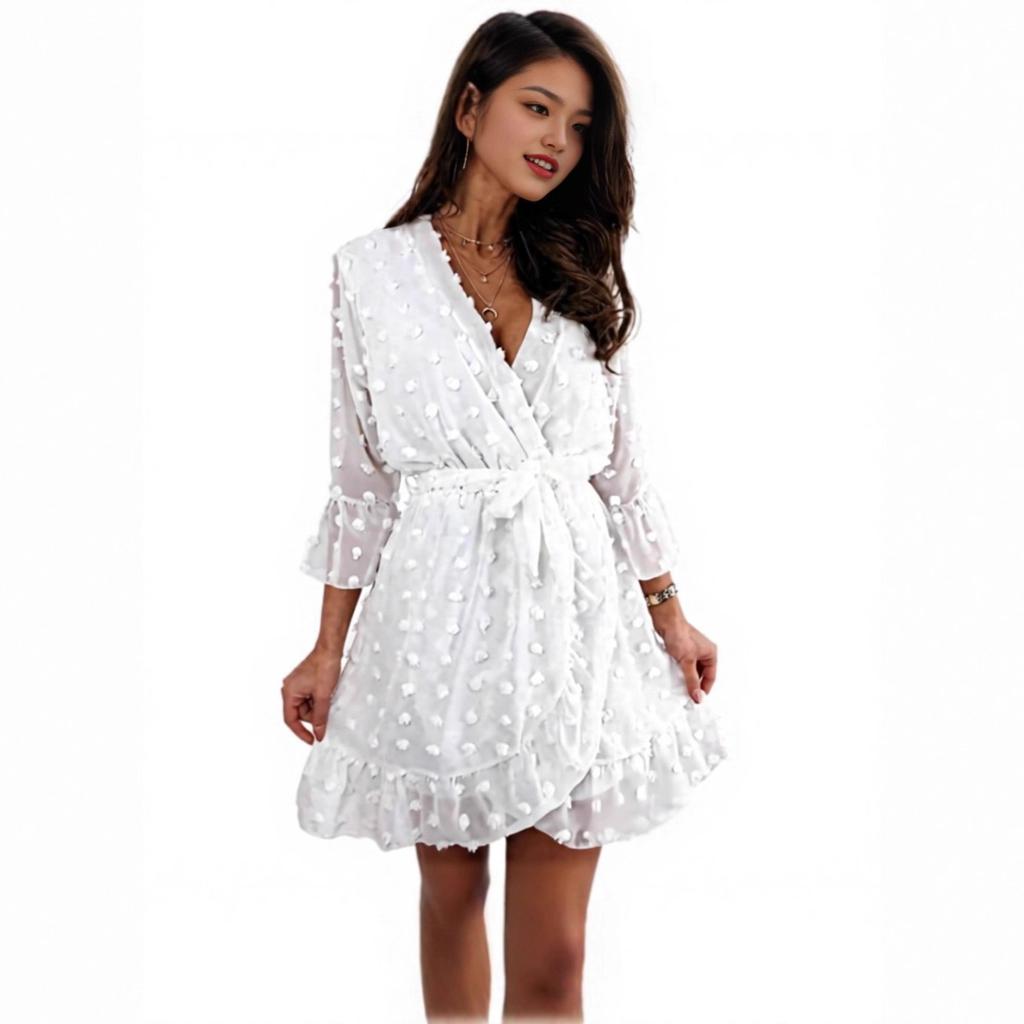Spring Summer European American Style Hollow Out V-neck Long Sleeve High Waist Elegant Commute White Dress