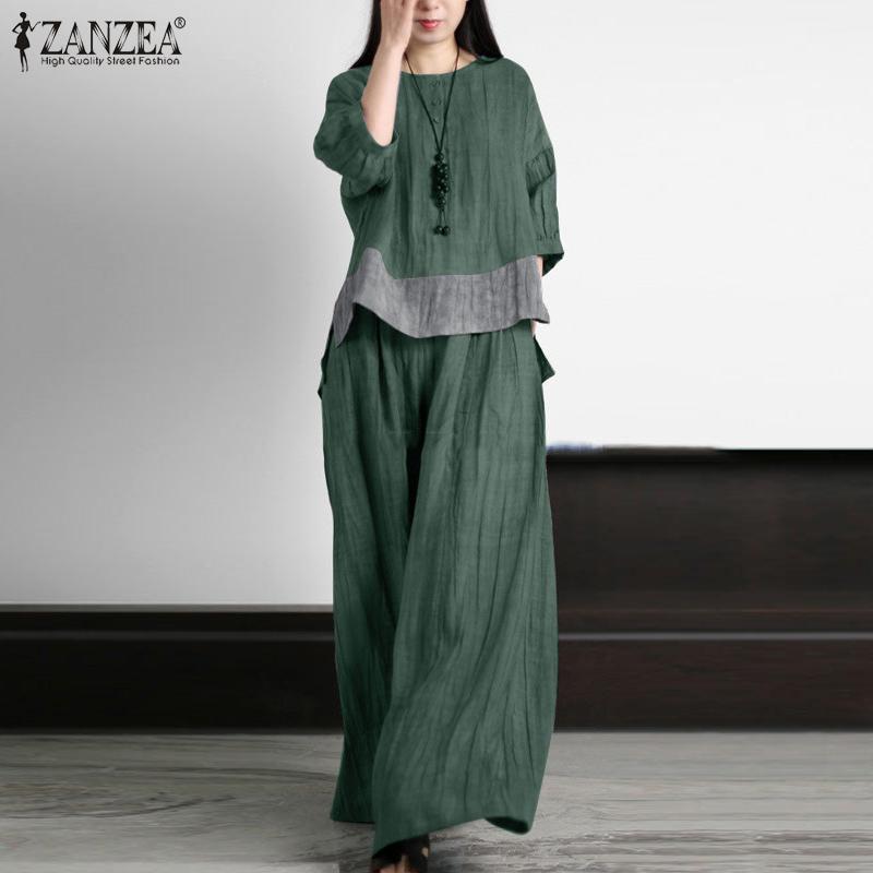 ZANZEA Женская блузка и брюки, повседневный летний комплект из двух предметов с брюками