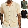Summer Men Shirt Lapel Single-breasted Solid Color Thin Soft Short Sleeves Breathable Cardigan Hollow Out Knitted Mid