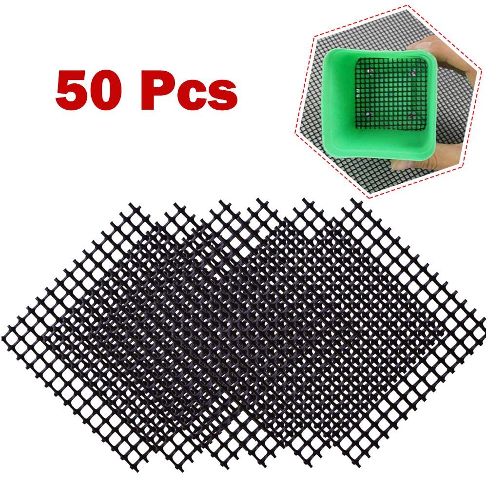 50 шт. Сетка для горшка, подкладка, мат, сетка, квадратная, экран для дренажного отверстия, для дна горшка, предотвращает потерю почвы, инструмент для садоводства для бонсай, цветов, растений