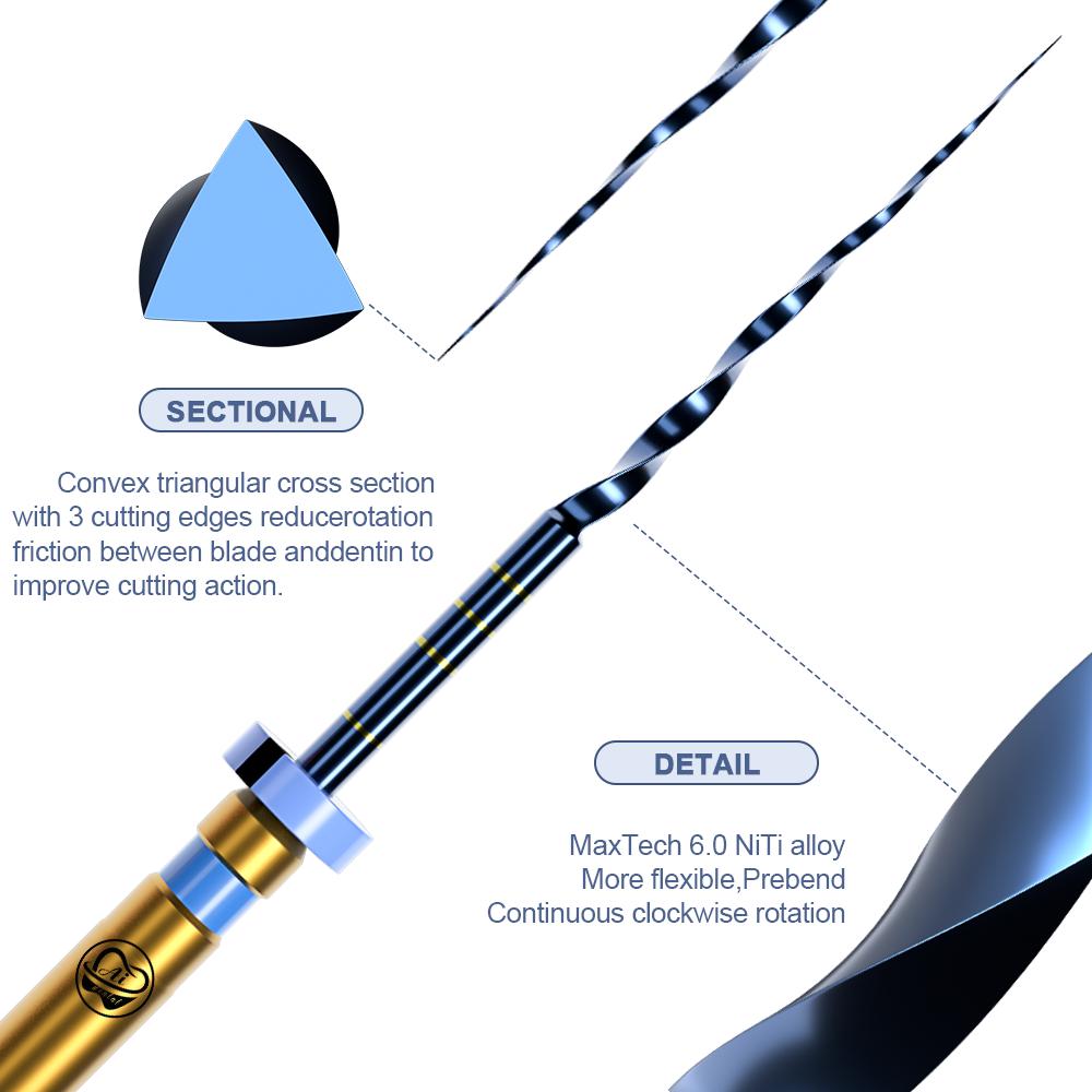 Файл для корневых каналов AI-UB, 6 шт., 25 мм, Ultimate Blue Prebend, треугольное сечение, переменная конусность, непрерывное вращение по часовой стрелке для лечения