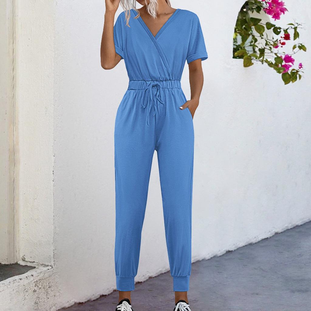 Women's Casual Short Sleeve V-Neck Intersection Jumpsuit