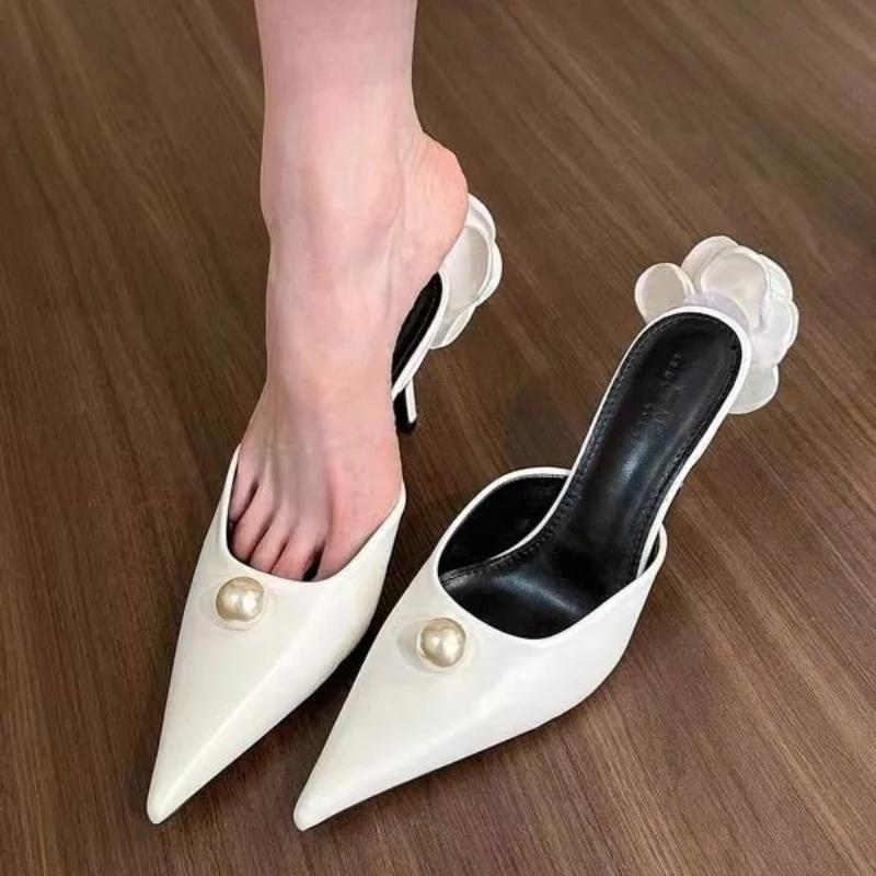 Модные однотонные туфли-лодочки с жемчугом, женская обувь, дизайнерская обувь с острым носком и цветком сзади, сексуальные банкетные туфли на высоком каблуке, Zapatos De Mujer
