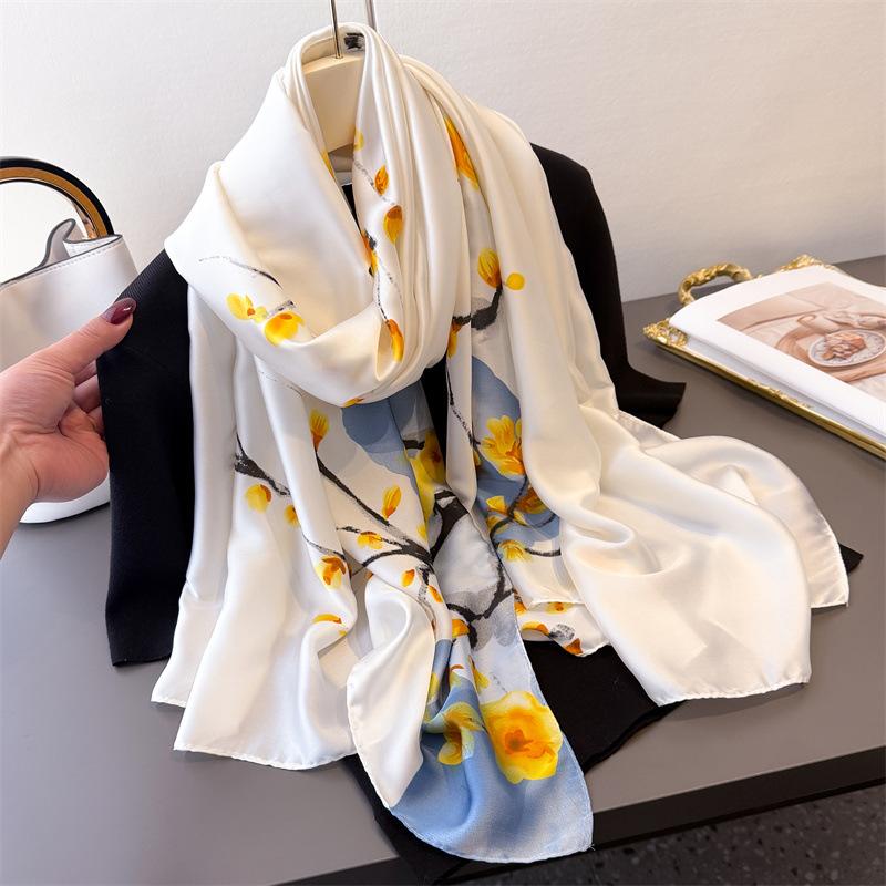 Ink And Wash Floral Printing Simulation Silky Brocade Fashion Sunscreen Floral Silk Scarf Long Scarf Shawl Versatile Headscarf Scarf