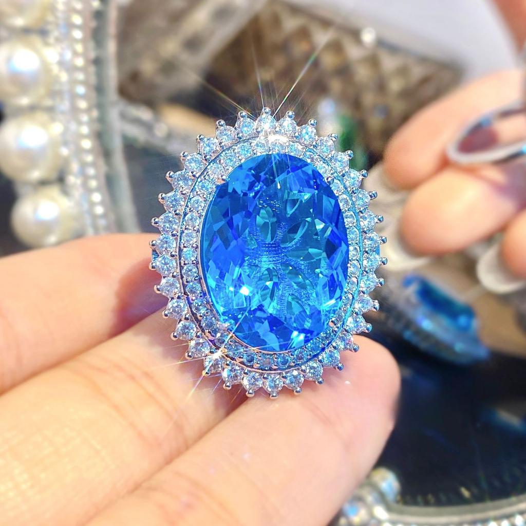 2026 Heavy Industry Aquamarine Pigeon Egg Big Gem Necklace Pendant Color Treasure Earrings Temperament Zircon Apple Green Ring