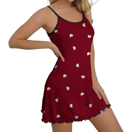 Women Summer Nightgown Heart Printing Shirring Edge Sleeveless Backless Spaghetti Strap A-line Mini Sleepwear Dress Thin Above The Knee Nightdress