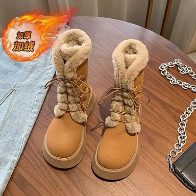 Модные женские зимние сапоги CRLAYDK, теплые, на меху, замшевые ботильоны до щиколотки на шнуровке, на платформе, нескользящая уличная обувь для ходьбы для женщин