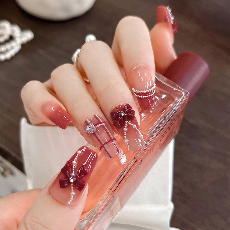 10Pcs Bow Resin Nail Art Decoration Claret 3D Long Ribbon Bowknot Ornament Nail Charm Jewelry Design Kawaii Diy Accessories