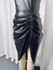 2025 Chic European & American PU Leather Spaghetti Strap Ruched Waist Slit Dress