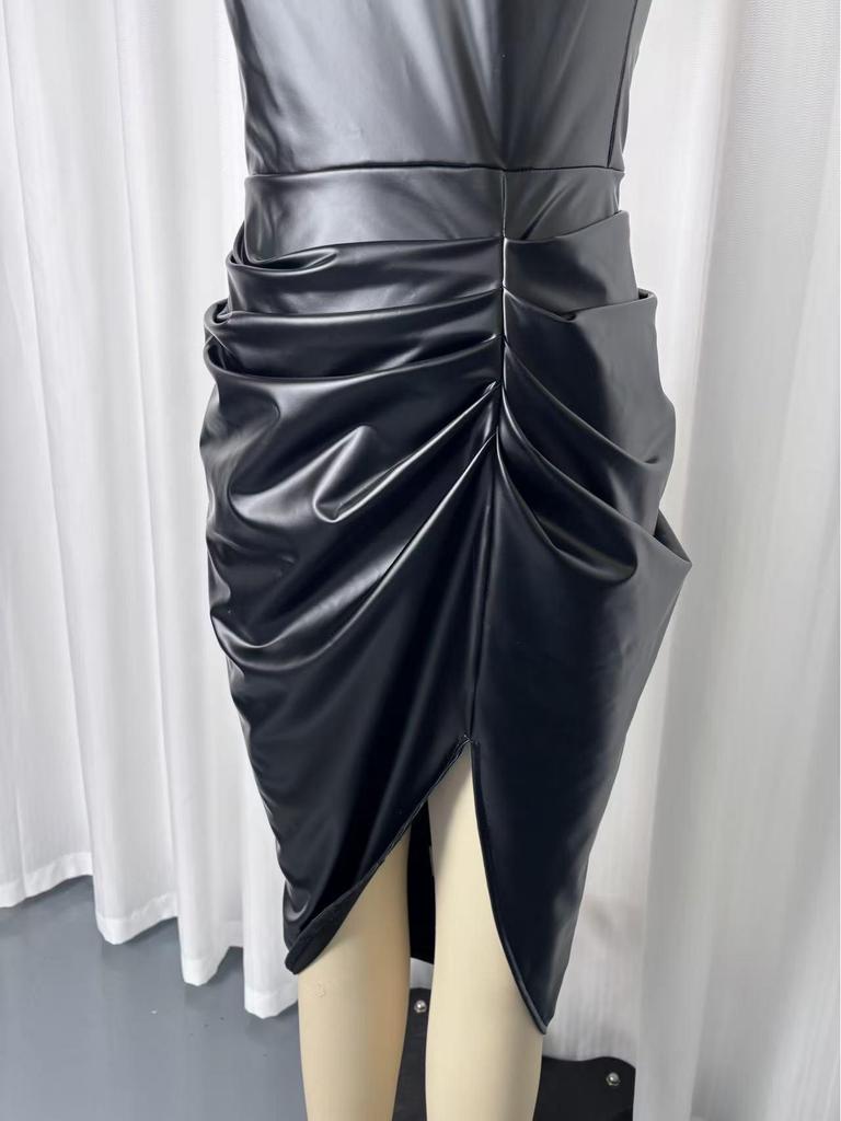 2025 Chic European & American PU Leather Spaghetti Strap Ruched Waist Slit Dress