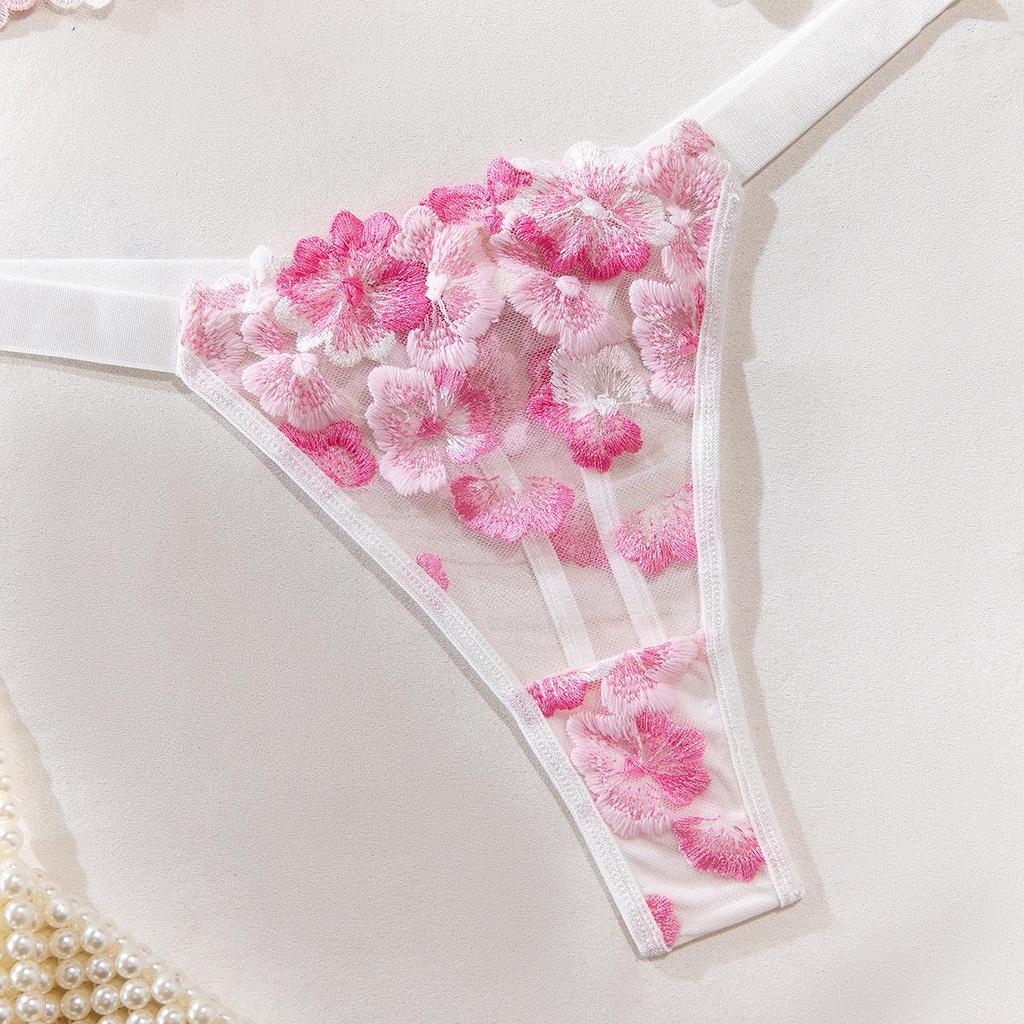 Blue Embroidered Low Cut Underwire Bra & Lingerie Set