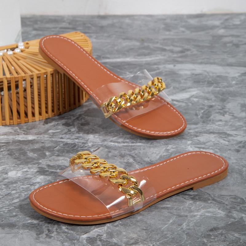 Женские тапочки, летние новые модные нескользящие износостойкие модные женские пляжные тапочки на плоской подошве с металлической цепочкой