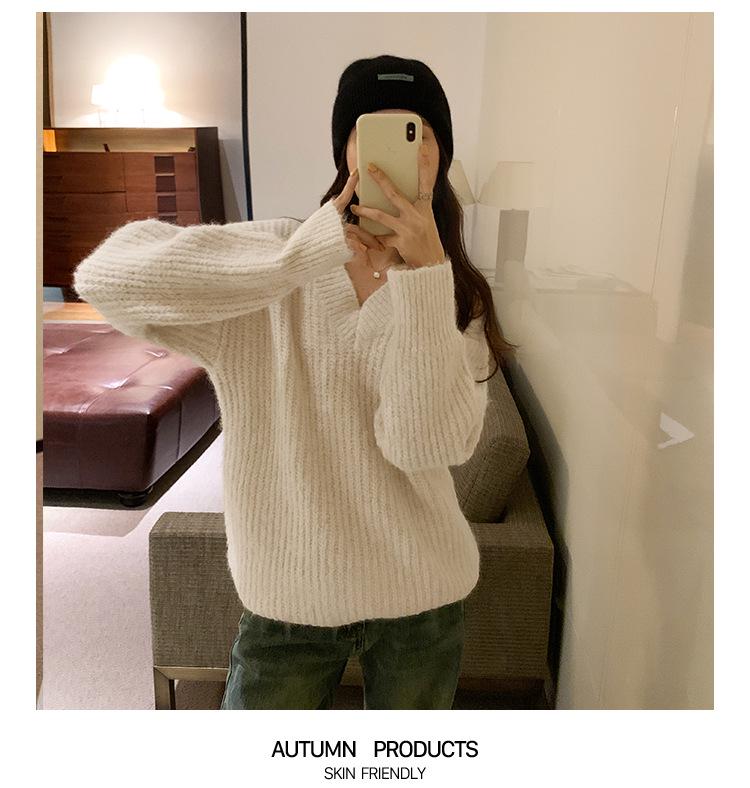 Women's Korean V-neck Sweater - New 2023 Loose Knit Top for Autumn and Winter