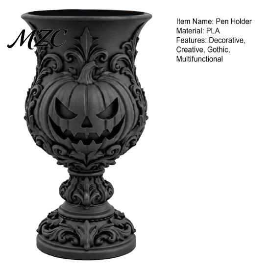 Biodegradable Pla Pencil Cup 3D Printed Gothic Pumpkin Pen Holder, Retro European Style Relief Stationery Vintage Goblet Container Organizer,