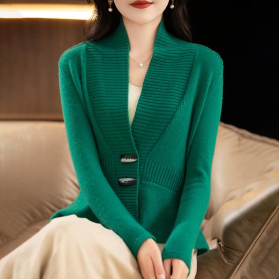 Women Sweater Coat V-Neck Long Sleeve Ruffle Hem Knitting Sweater Solid Color Slim Fit Waist Tight