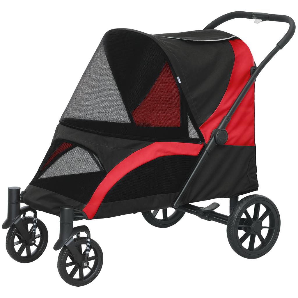 Foldable Pet Stroller for Medium Dogs with Four Big Wheels, Shock-Absorbing Frame, Safety Leashes, Brakes, Red/Black