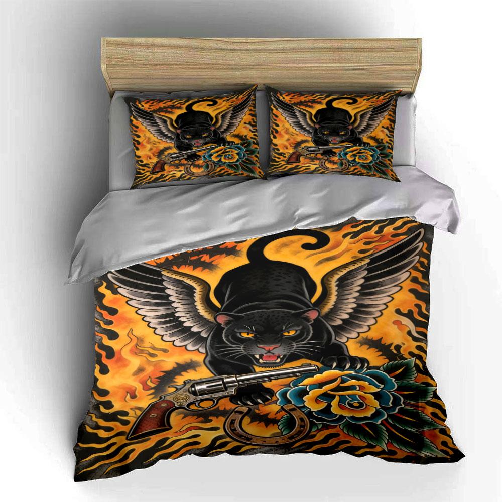 Winged panther, flames, revolver. Bedding sets Duvet cover sets Duvet covers Pillowcases(1 * Duvet Cover 2 * Pillowcases without duvet insert)