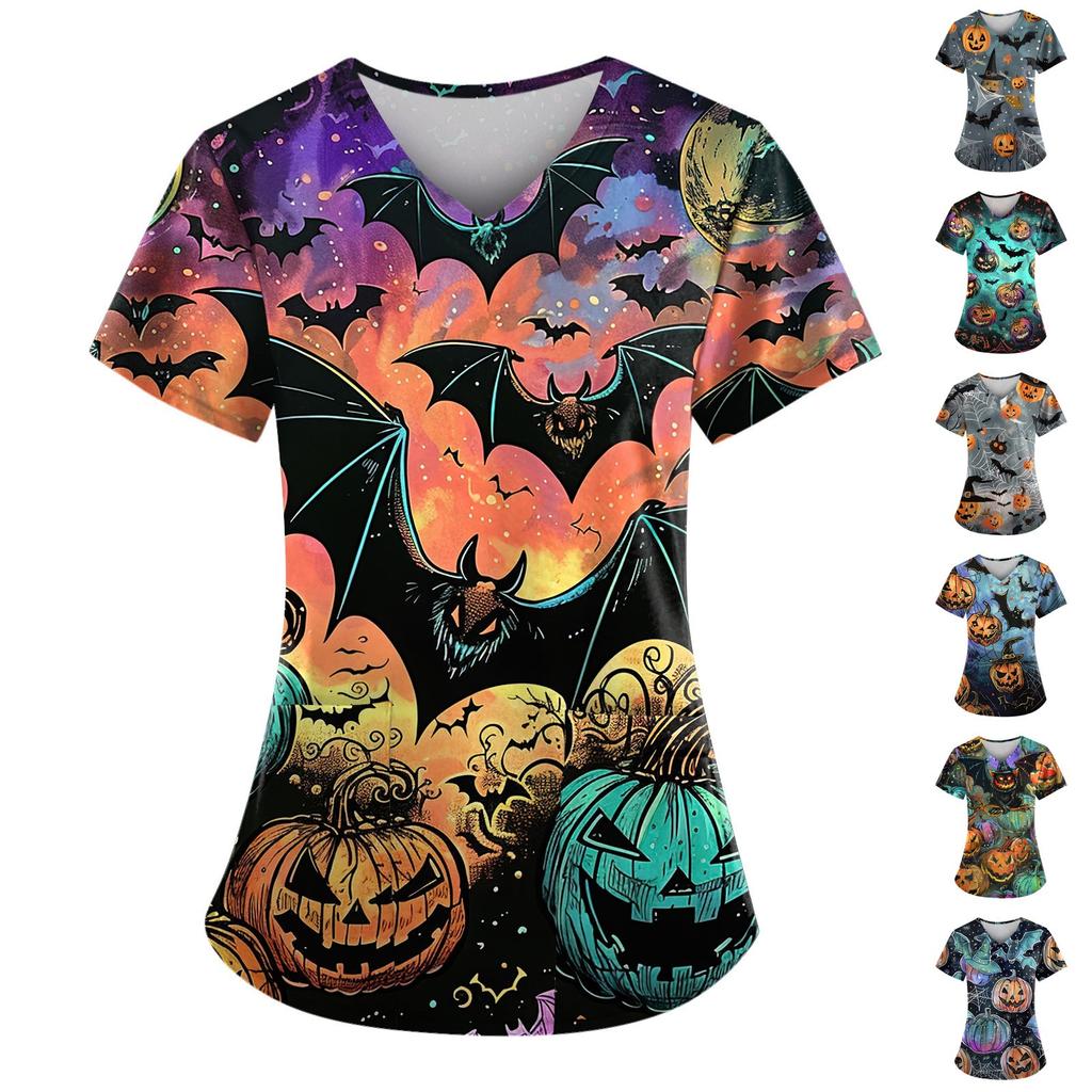 Женский V-образный вырез, модный повседневный топ с принтом на Хэллоуин, топ Dry-nurse