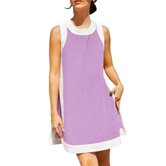 Комплект из двух вещей для женщин Летние наряды в стиле бохо с цветными блоками Без рукавов Круглый вырез Разрез сбоку Мини-платье Повседневные комплекты с шортами для отдыха