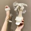 Fashion Fairy Style Square Toe Lace String Bead Wedding Shoes Transparent High Heels Elegant  Women Summer High Heeled Sandals