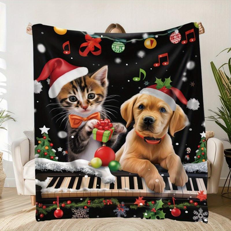 Cat Dog Piano Christmas Throw Blanket, Soft Warm Bed Couch Cover, Cute Pet Holiday Home Decor