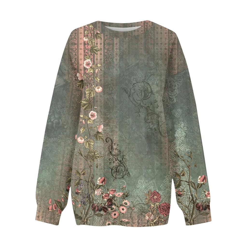 Женская осенне-зимняя повседневная толстовка с круглым вырезом и длинным рукавом с принтом