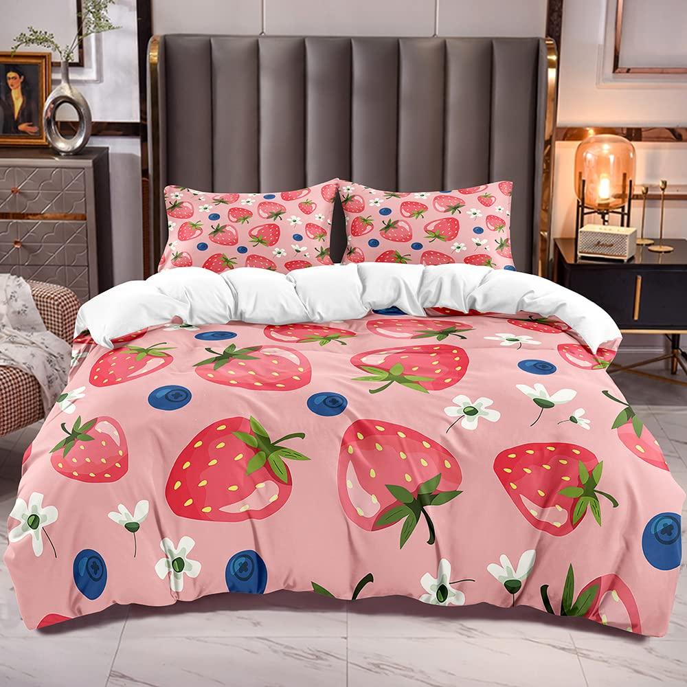 Постельное белье с клубникой для девочек, пододеяльник с сладкой клубникой для детей, розовый, милый мультфильм, фруктовая еда, девичий белый цветочный декор для комнаты