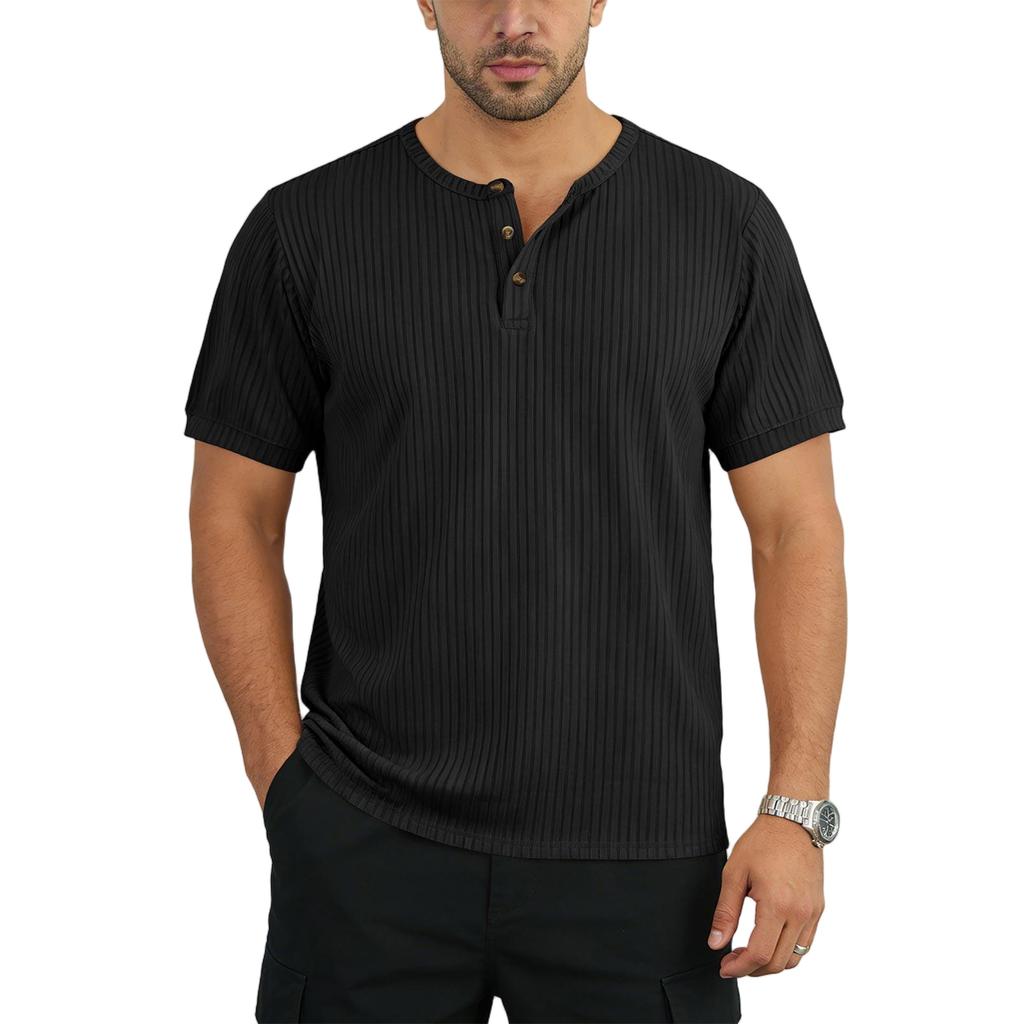 Мужская летняя футболка-henley с коротким рукавом, фактура в рубчик, на пуговицах, повседневная, дышащая, легкая
