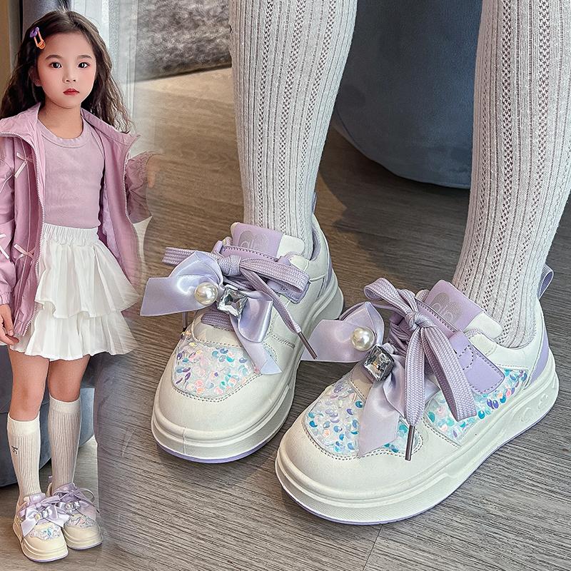 Girls Waterproof Leather Platform Sneakers | Bow Detail Comfortable Walking Flats, Non-Slip Casual Board Shoes for Kids