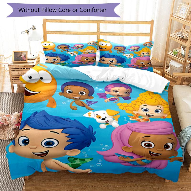 3pcs Bubble guppies Design Cover Set - HD Printed Bedding with 1 Cover and 2 Pillowcases - Perfect for Home and Dorm Decor