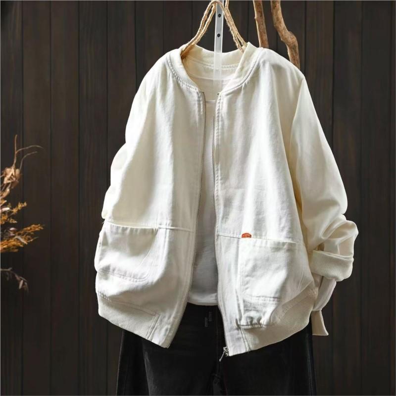 Johnature Women Vintage Jackets Solid Color Stand Long Sleeve Coats Autumn Zipper Loose Casual Pockets Jackets