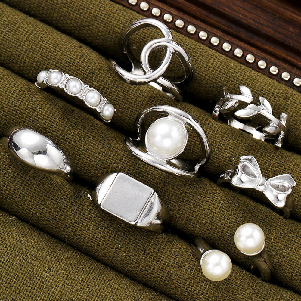 8Pcs/Set Punk Silver Color Bowknot Rings for Women Vintage Imitation Pearl Irregular Leaf Rings Set Jewelry Wholesale