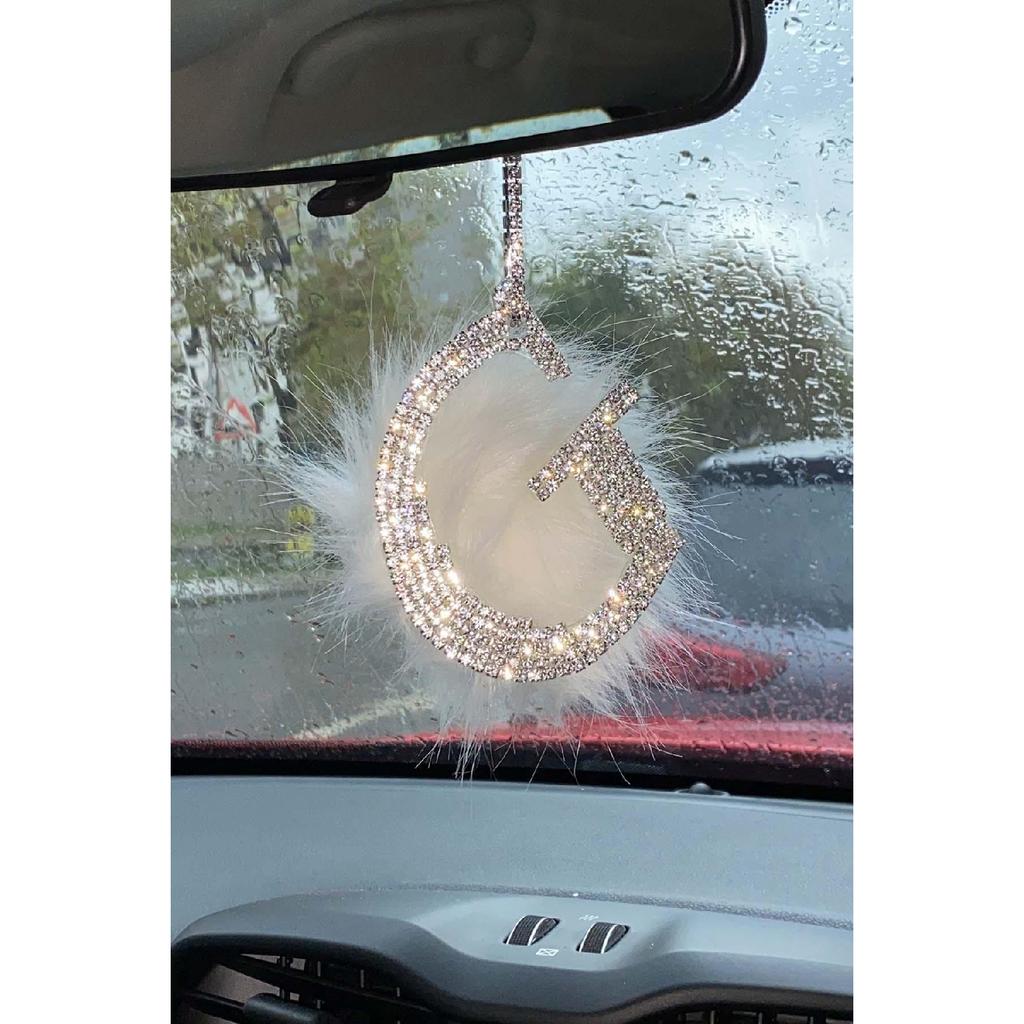 Stone Rear View Mirror Necklace Accessory With White Feather G Letter
