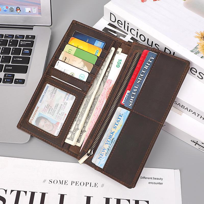 Jiameida Vintage Leather Men's Wallet - Crazy Horse Long Multi-Card US Dollar Clip & Coin Pocket