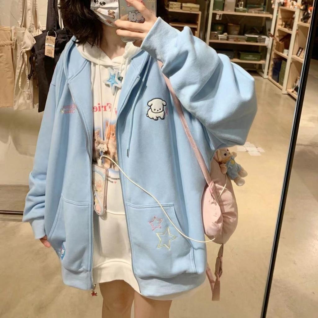 Harajuku Kawaii розовая толстовка на молнии женская милая милая мультяшная бежевая кофта с капюшоном оверсайз корейский флисовый девчачий синий топ