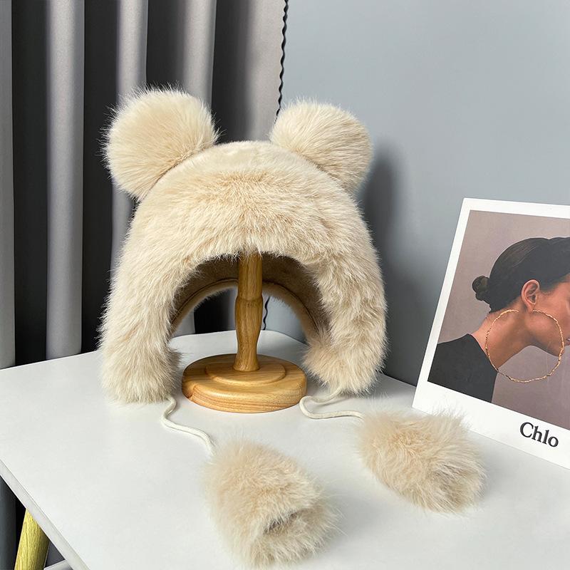 Милая плюшевая шапка с медвежьими ушками, женская зимняя, для защиты от холода при езде на велосипеде, утолщенная, теплая, закрывающая лицо, шапка с маленькими ушками
