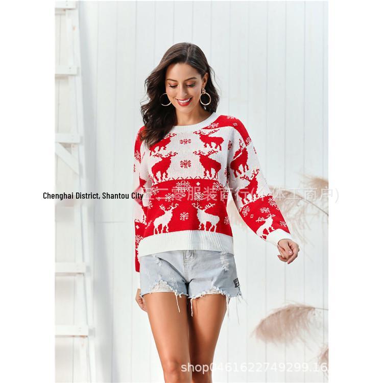 2026 Autumn/Winter Women's Red Christmas Sweater with Deer and Snowflake Design