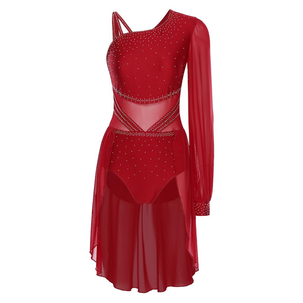 Womens One Shoulder Latin Dance Dress Single Sleeve Sparkle Rhinestone Performance Costume