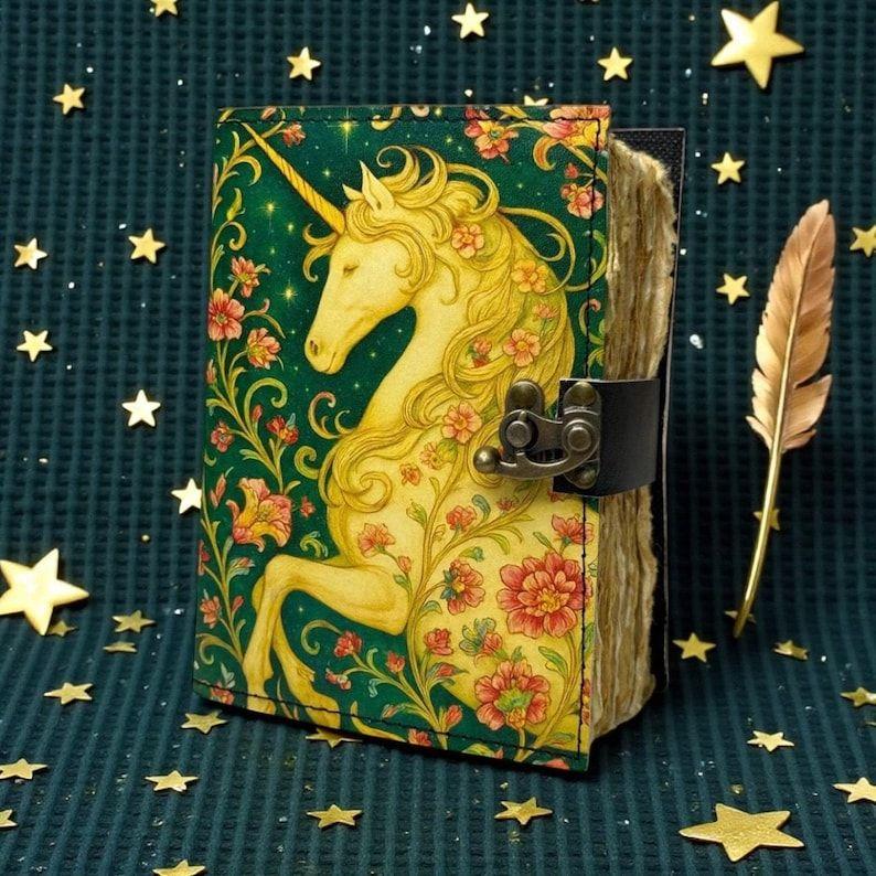Журнал «Unicorn Dreamscape» на 200 страниц, Зеленый и золотой кожаный дневник с цветочным узором, Бумага ручной работы, Подарок для любителей единорогов