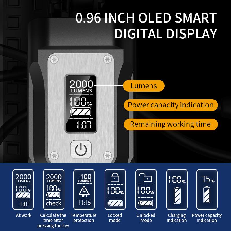 Передний фонарь для велосипеда GTR60, 2000 люмен, перезаряжаемый фонарик высокой интенсивности, велосипедное снаряжение, фонарь для горного велосипеда с экраном дисплея